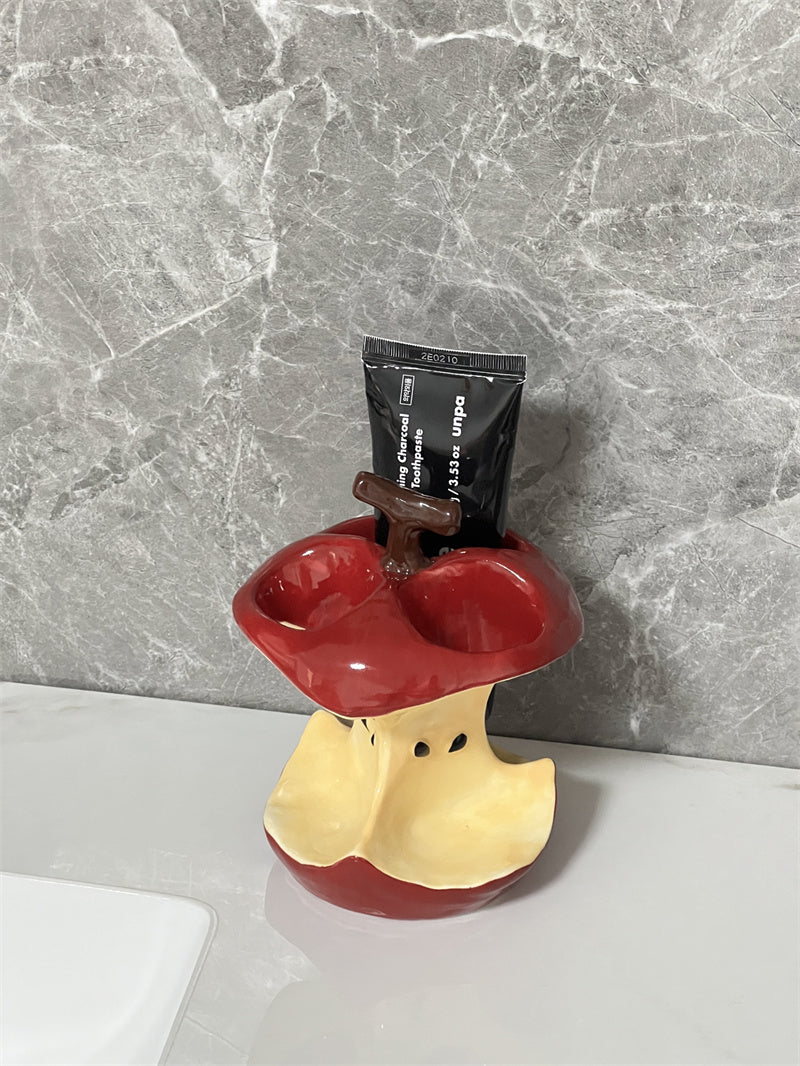 Whimsical Apple Core Ceramic Toothbrush Holder - Fun Bathroom Decor Organizer