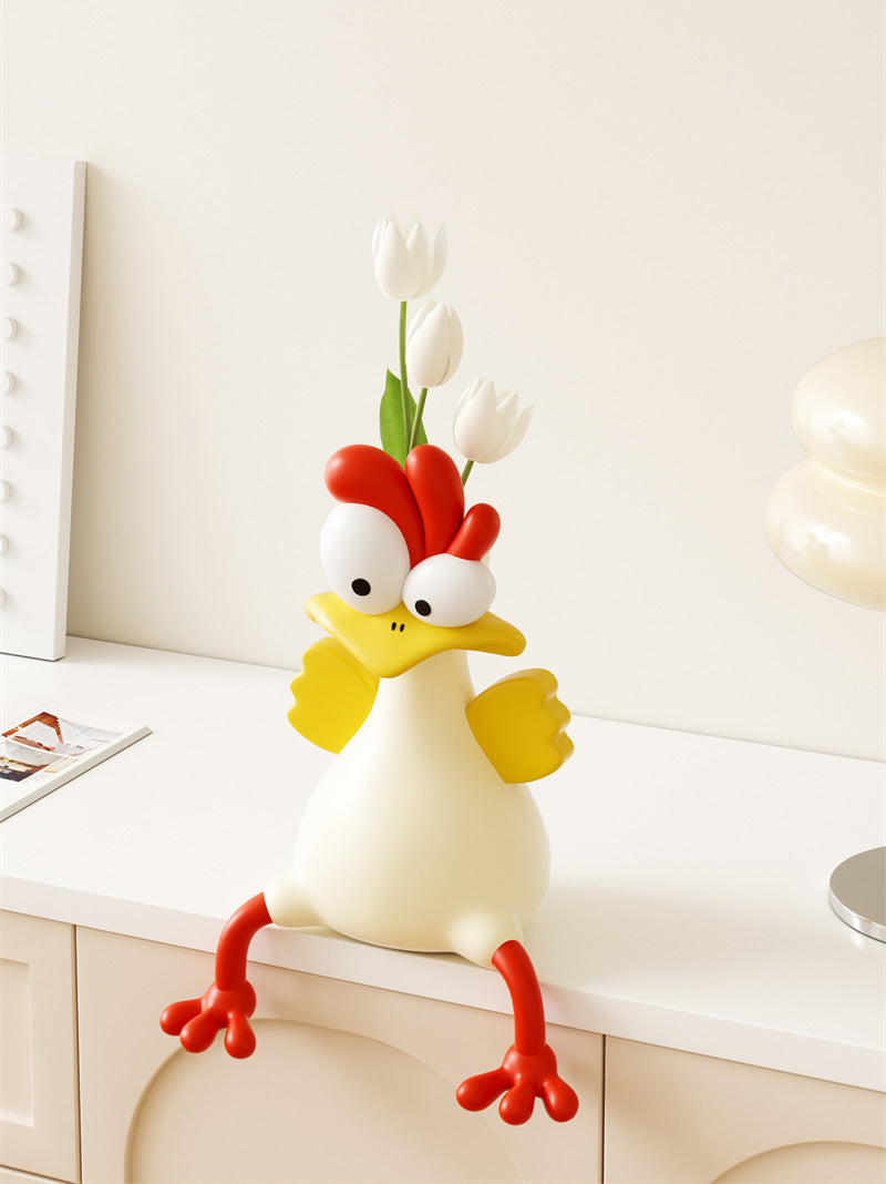 Whimsical Cartoon Rooster Vase - Playful Home Decor for Living Room & Shelf Styling