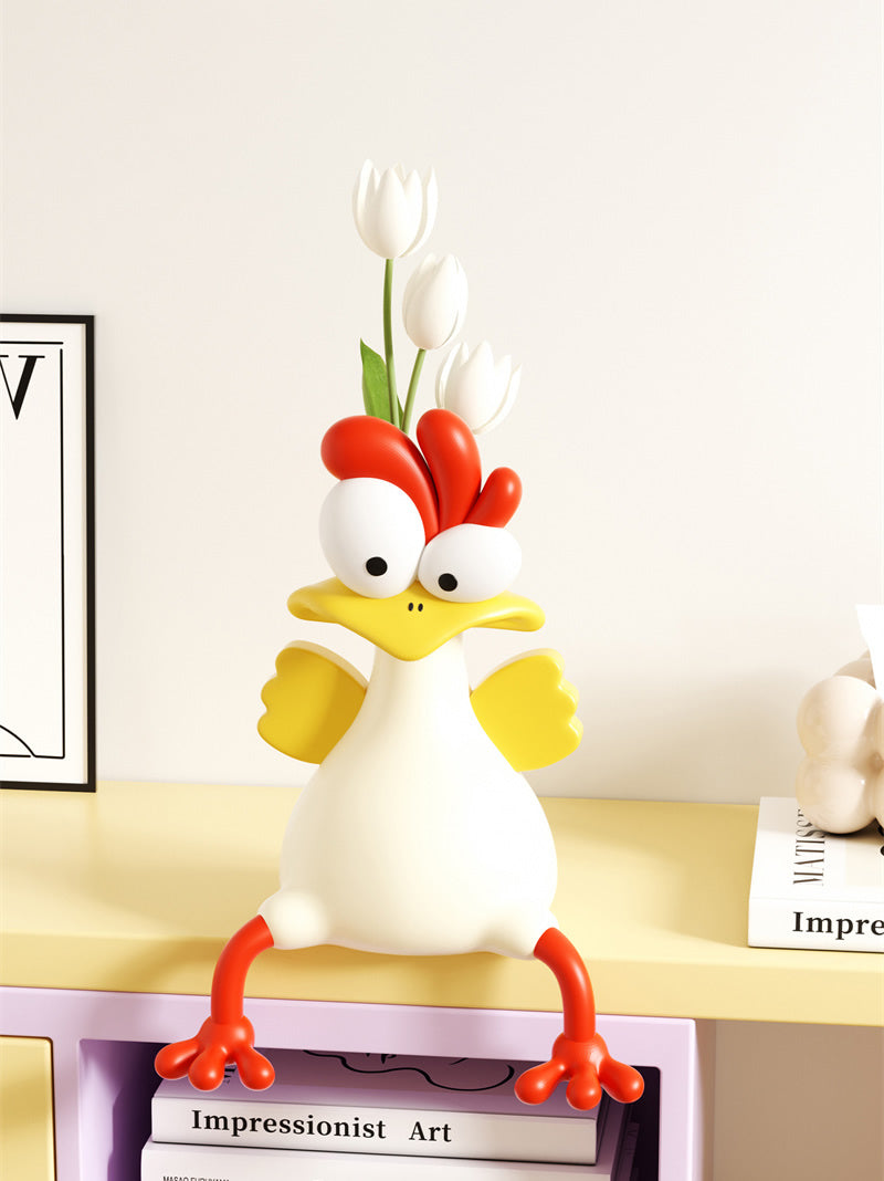 Whimsical Cartoon Rooster Vase - Playful Home Decor for Living Room & Shelf Styling