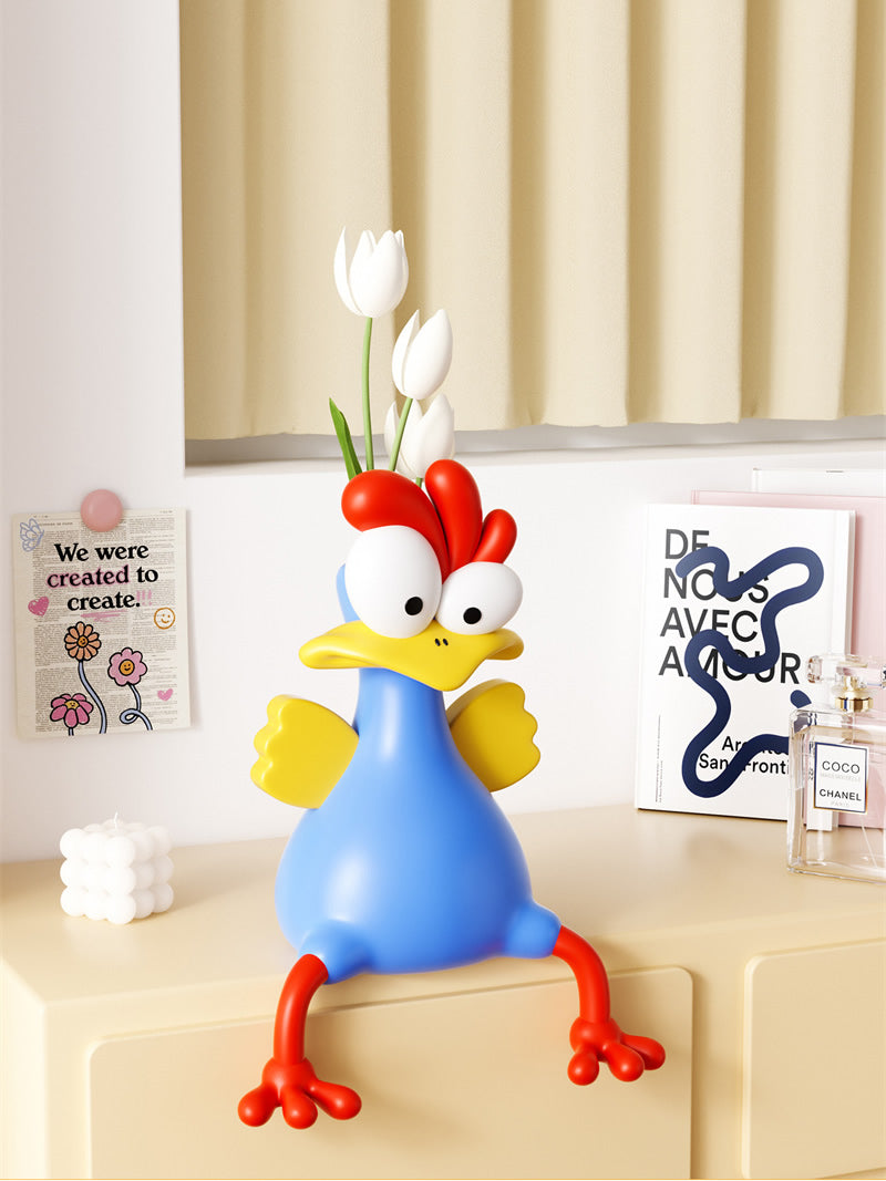 Whimsical Cartoon Rooster Vase - Playful Home Decor for Living Room & Shelf Styling