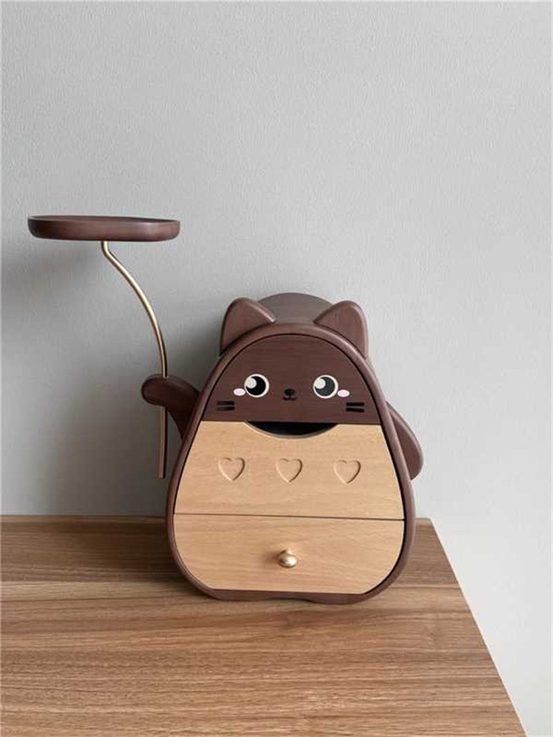 Whimsical Cat Jewelry Box - Wooden Organizer with Dual Drawers & Top Slot