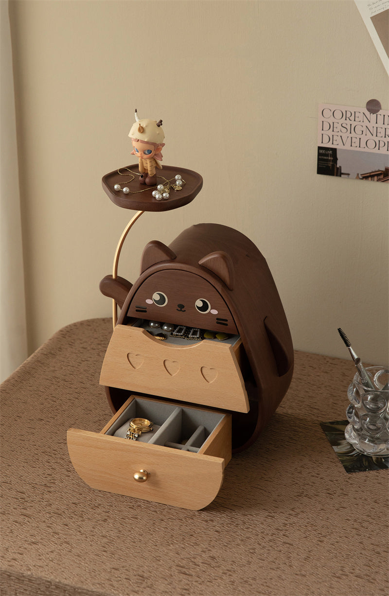 Whimsical Cat Jewelry Box - Wooden Organizer with Dual Drawers & Top Slot