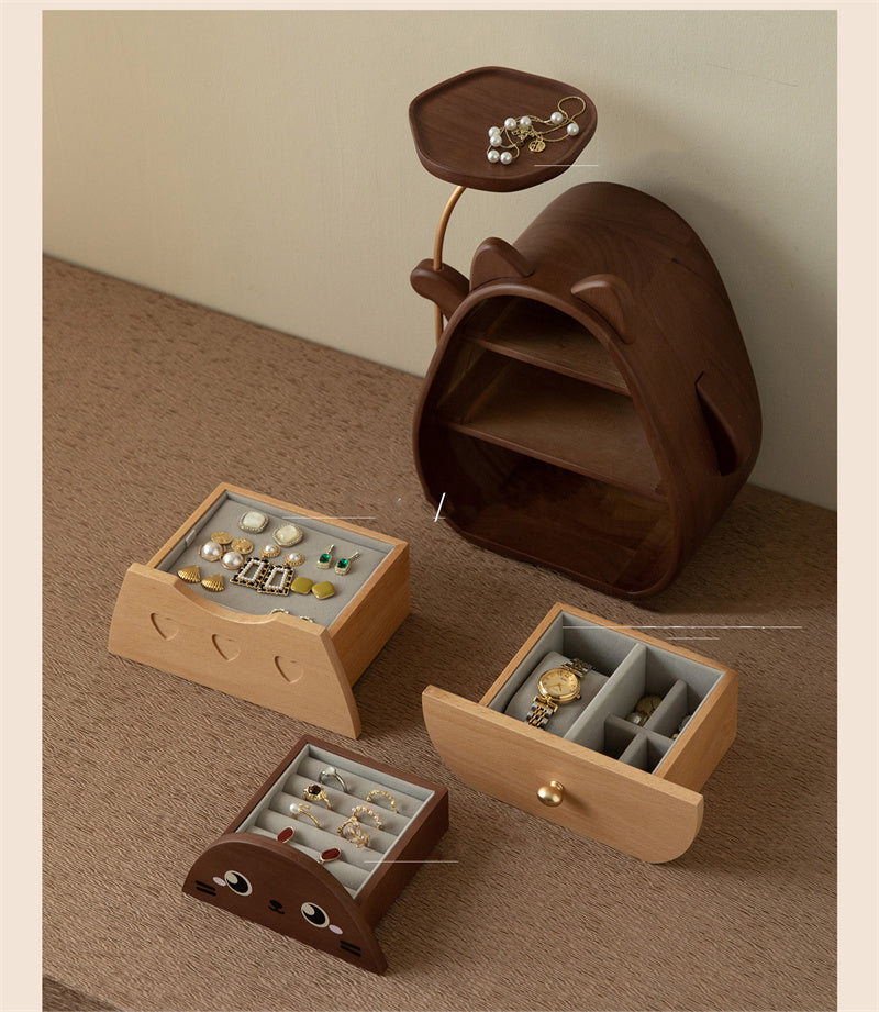 Whimsical Cat Jewelry Box - Wooden Organizer with Dual Drawers & Top Slot