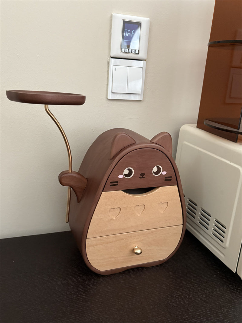 Whimsical Cat Jewelry Box - Wooden Organizer with Dual Drawers & Top Slot