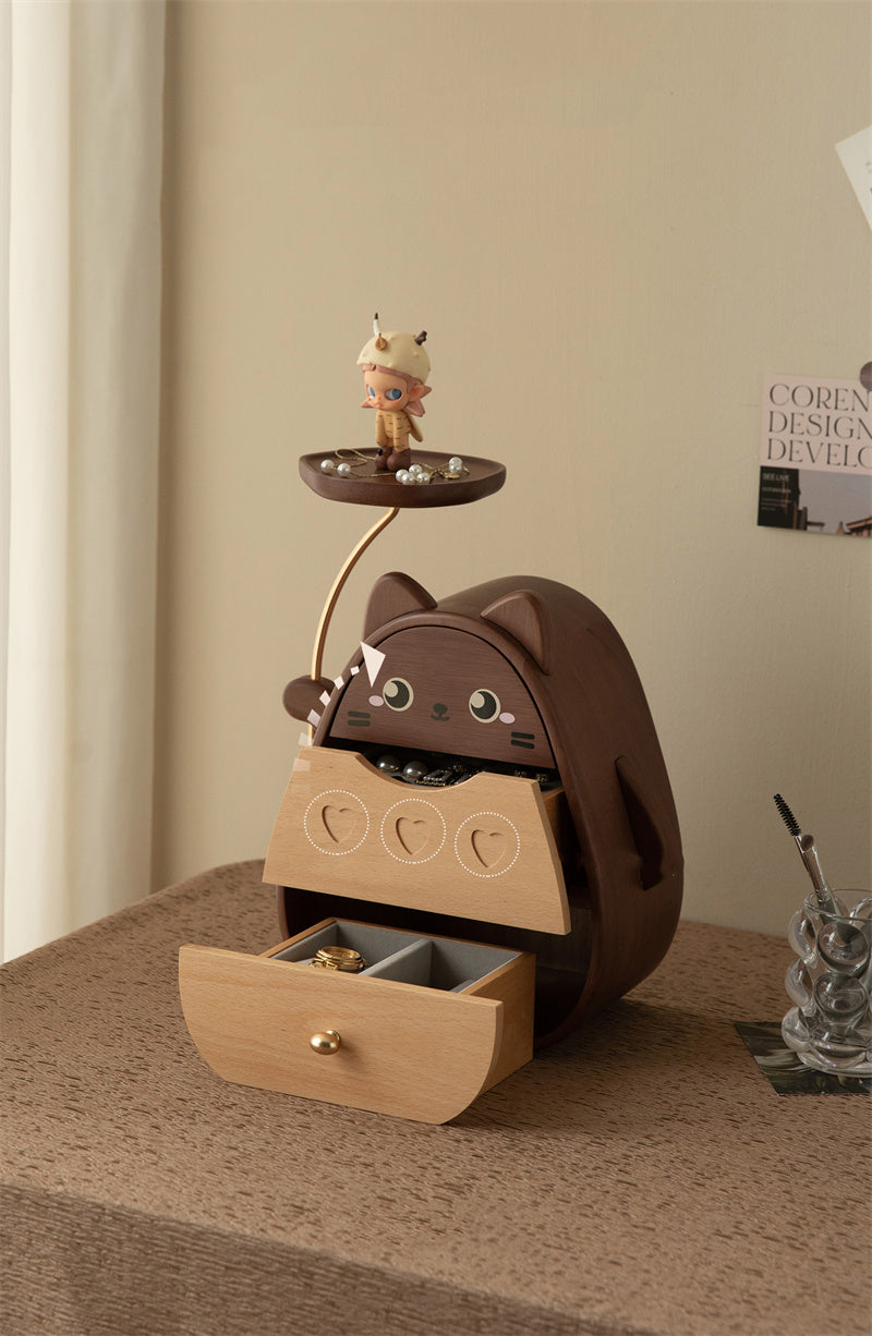 Whimsical Cat Jewelry Box - Wooden Organizer with Dual Drawers & Top Slot