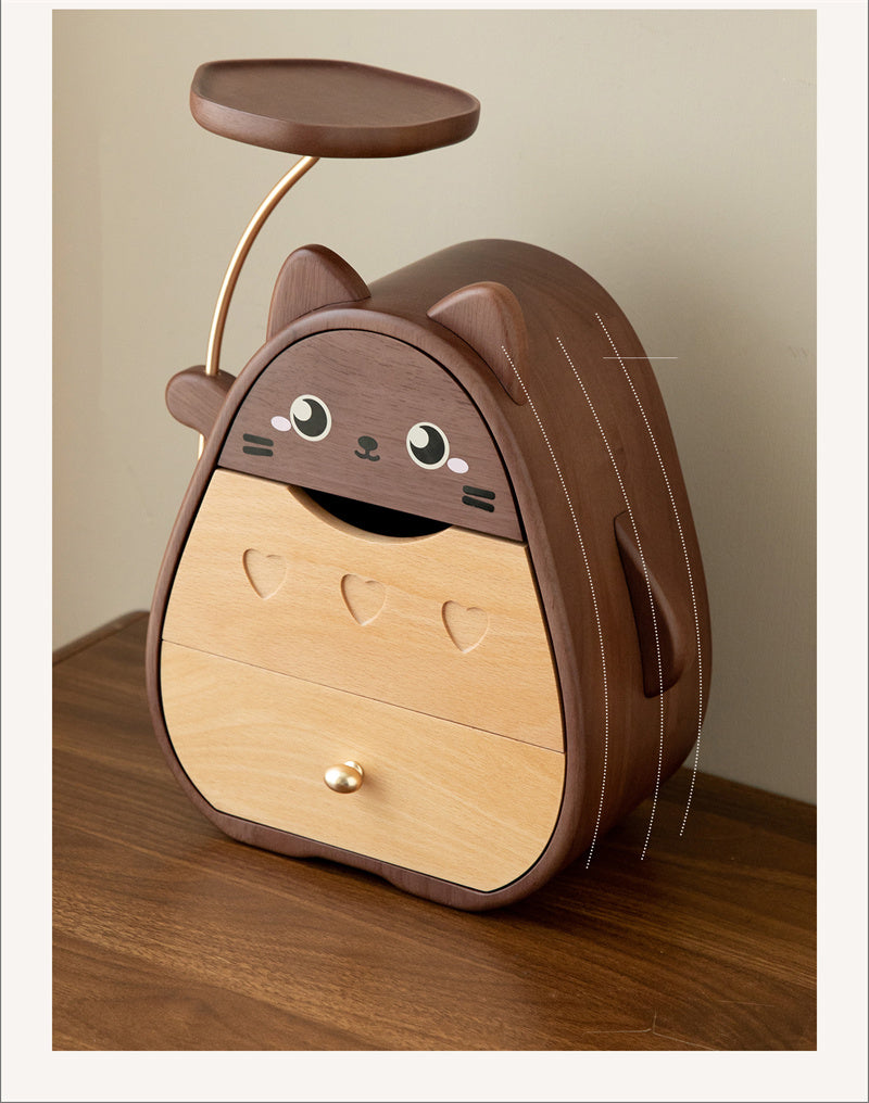 Whimsical Cat Jewelry Box - Wooden Organizer with Dual Drawers & Top Slot