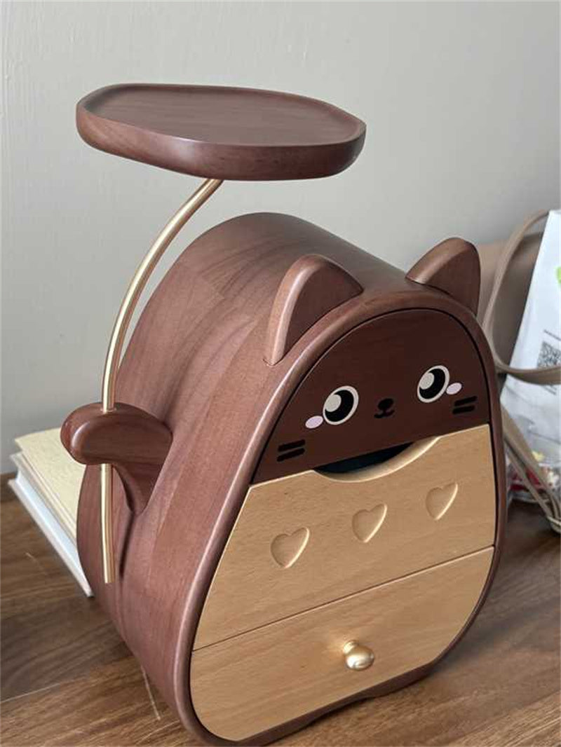 Whimsical Cat Jewelry Box - Wooden Organizer with Dual Drawers & Top Slot