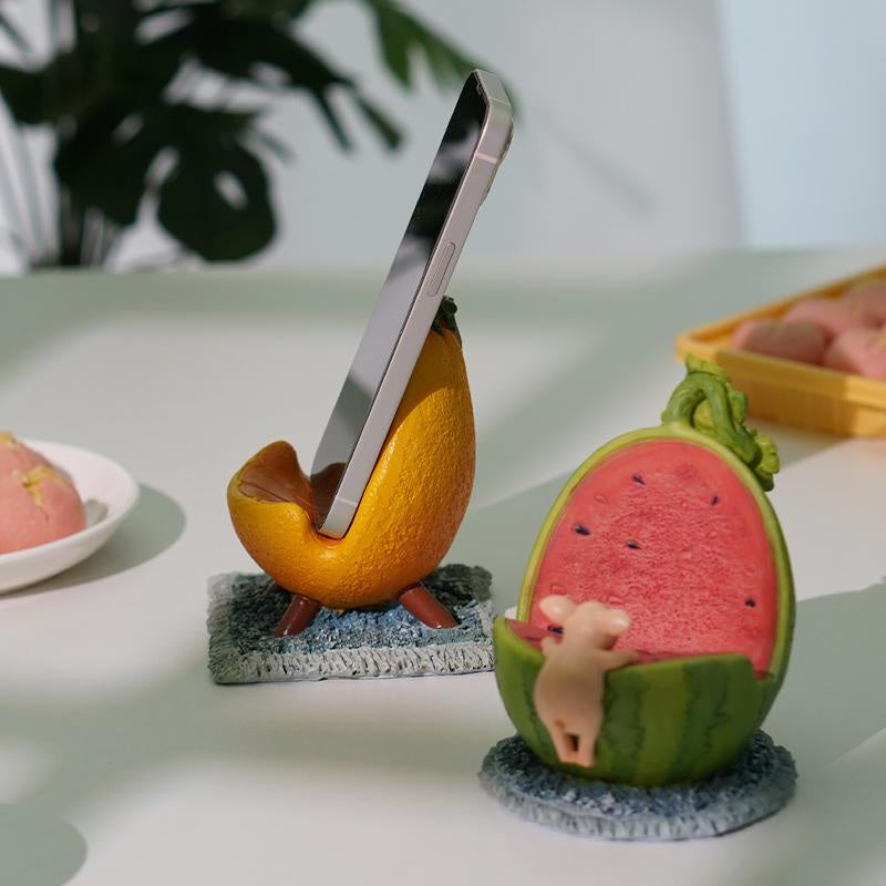 Whimsical Fruit & Animal Phone Stands - Playful Pig (Watermelon) & Bunny (Orange) Decor