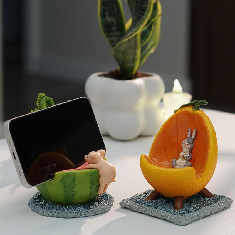 Whimsical Fruit & Animal Phone Stands - Playful Pig (Watermelon) & Bunny (Orange) Decor