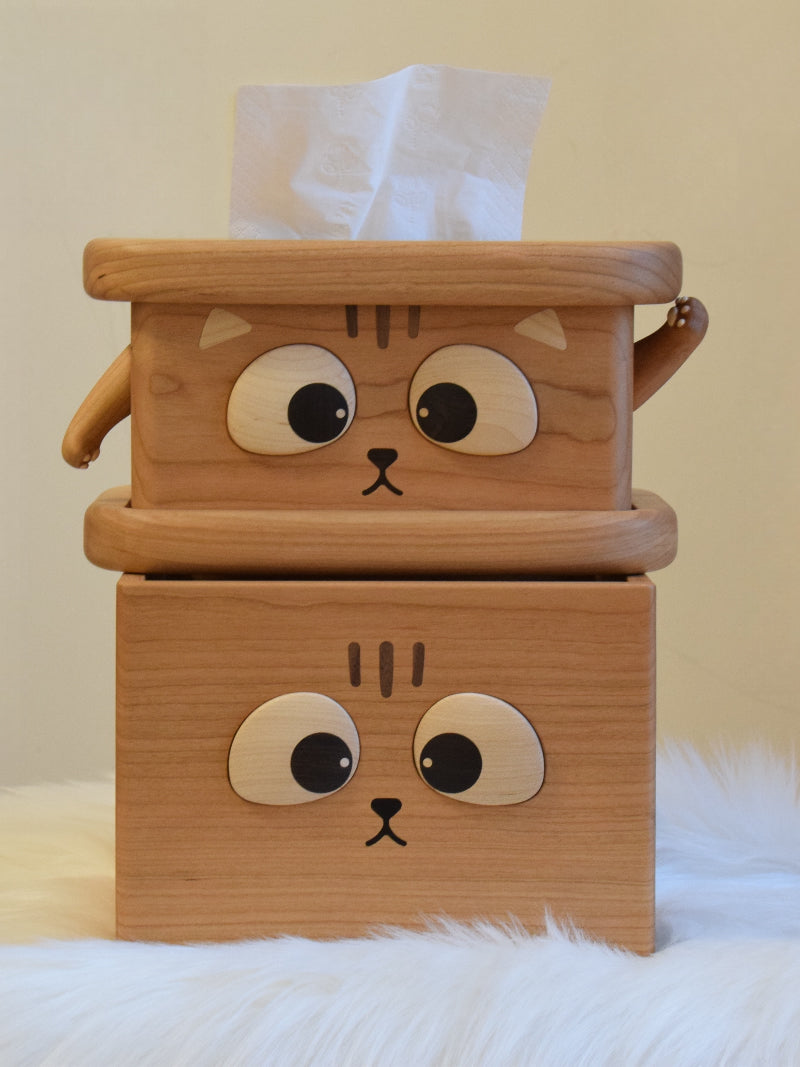 Whimsical Wooden Cat Tissue Box - Cute Cartoon Feline Home Decor with Big Eyes