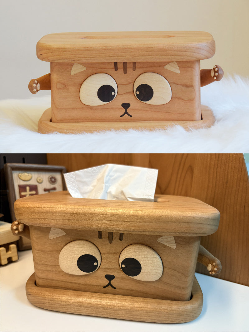 Whimsical Wooden Cat Tissue Box - Cute Cartoon Feline Home Decor with Big Eyes