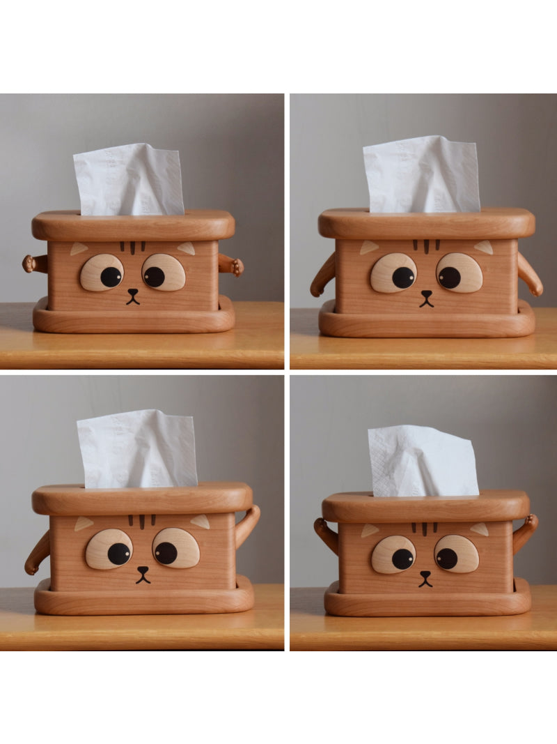 Whimsical Wooden Cat Tissue Box - Cute Cartoon Feline Home Decor with Big Eyes
