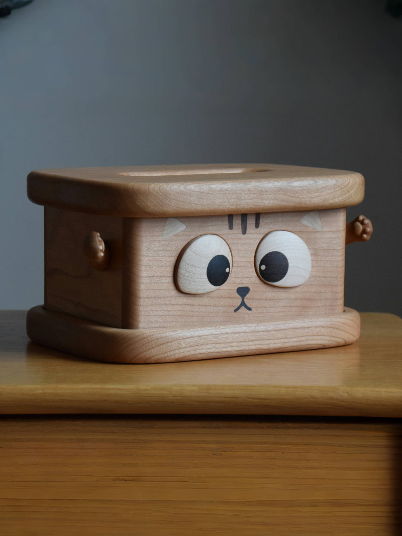 Whimsical Wooden Cat Tissue Box - Cute Cartoon Feline Home Decor with Big Eyes
