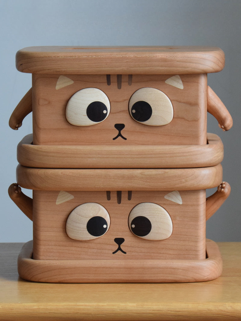 Whimsical Wooden Cat Tissue Box - Cute Cartoon Feline Home Decor with Big Eyes