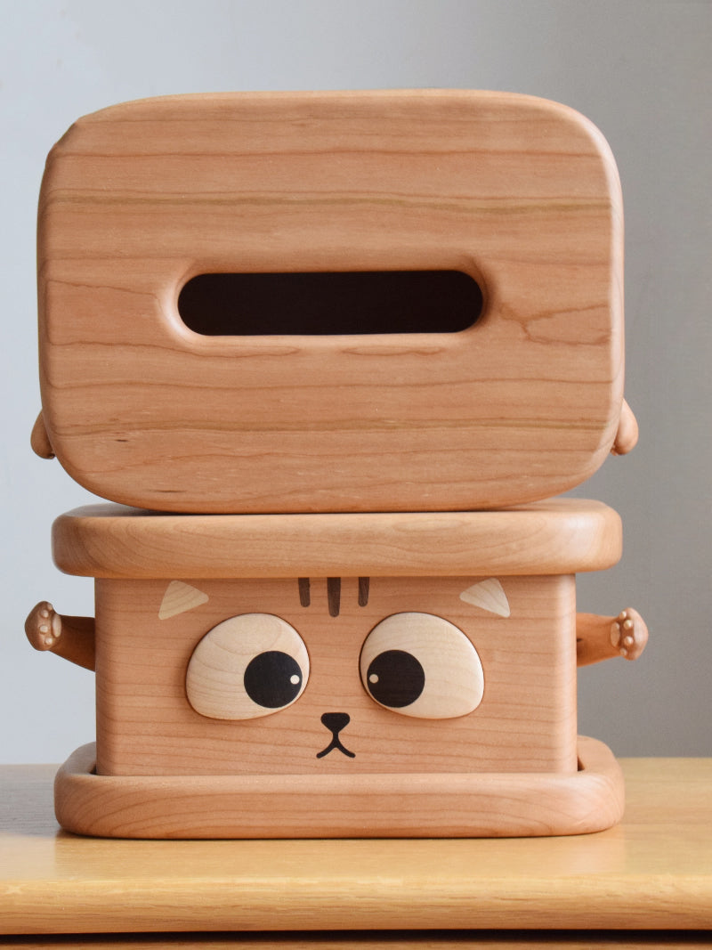 Whimsical Wooden Cat Tissue Box - Cute Cartoon Feline Home Decor with Big Eyes