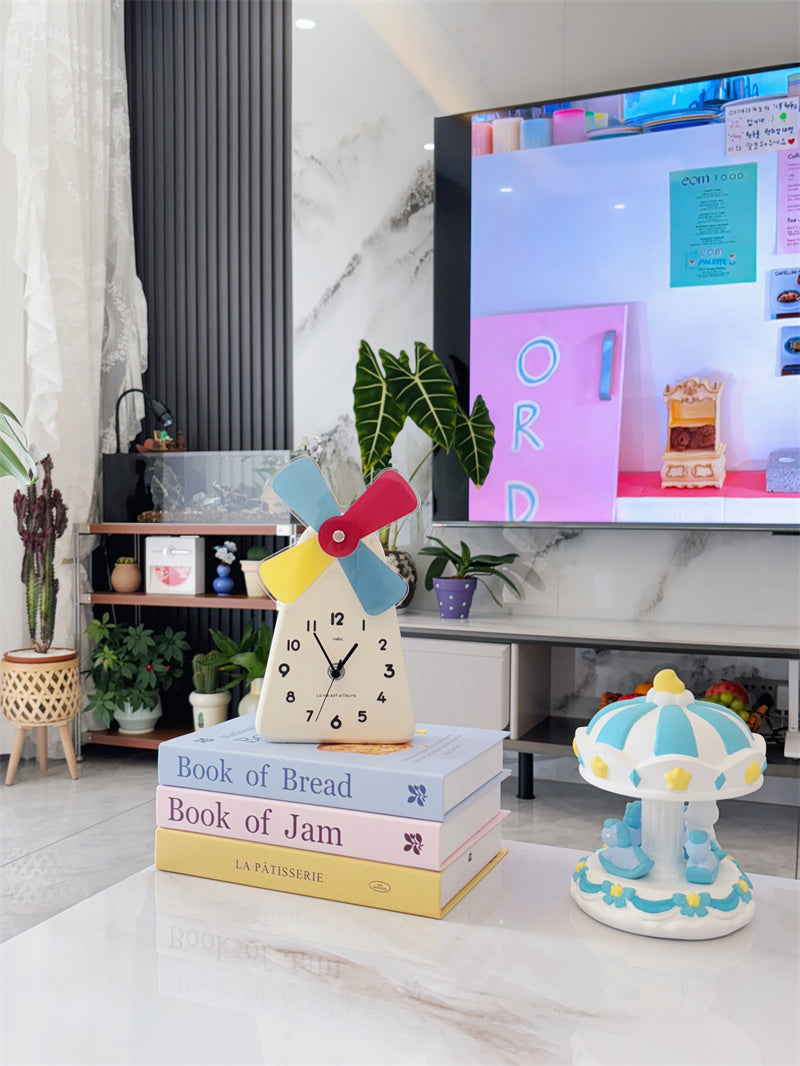 Windmill - Shaped Decorative Table Clock, Colorful Cartoon Desk Clock with Rotating Windmill