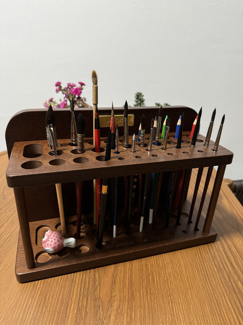 Desktop Wooden Brush Organizer - Storage for Paintbrushes, Pens & Pencils