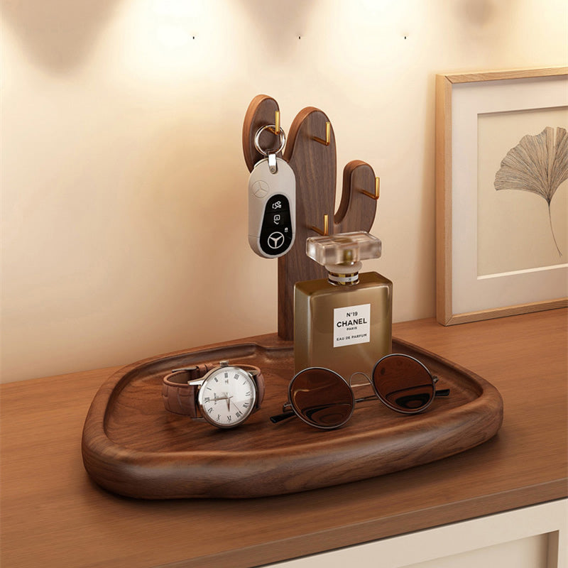 Wooden Cactus Storage Tray with Hooks, Multi - Functional Organizer