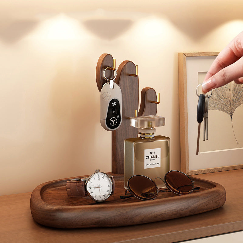 Wooden Cactus Storage Tray with Hooks, Multi - Functional Organizer