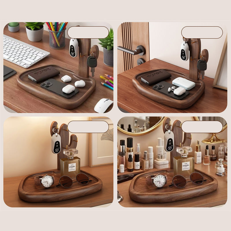 Wooden Cactus Storage Tray with Hooks, Multi - Functional Organizer