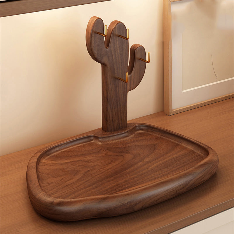 Wooden Cactus Storage Tray with Hooks, Multi - Functional Organizer