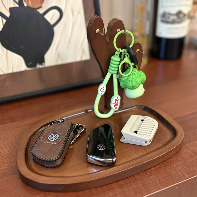 Wooden Cactus Storage Tray with Hooks, Multi - Functional Organizer