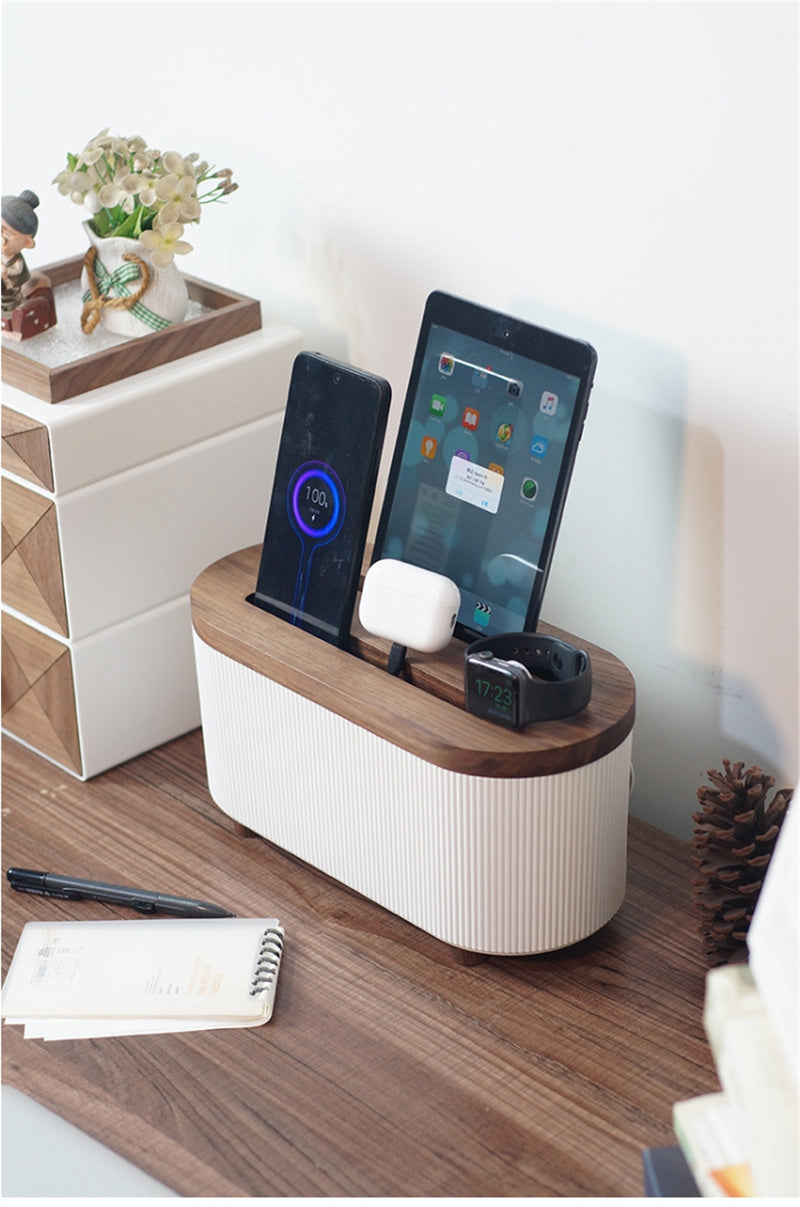 Wooden Charging Station Organizer – Smartphone, Tablet, Smartwatch & Earbud Dock