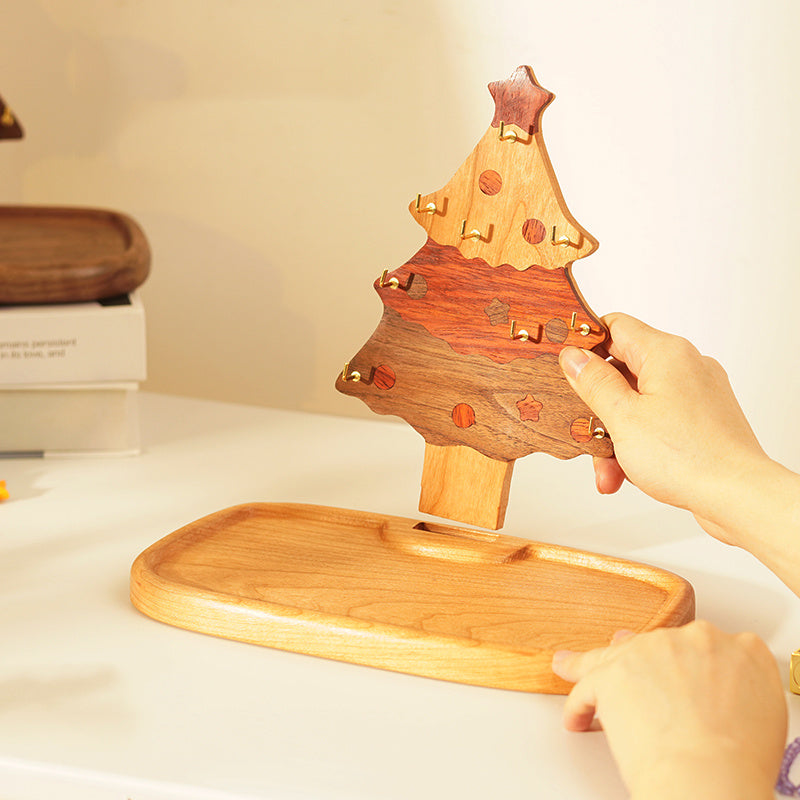 Wooden Christmas Tree Desk Organizer - Mini Key & Jewelry Hooks