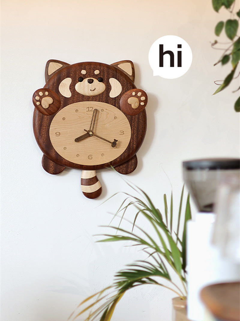 Wooden Chubby Red Panda Wall Clock with Wiggly Tail,Children's Room Decoration