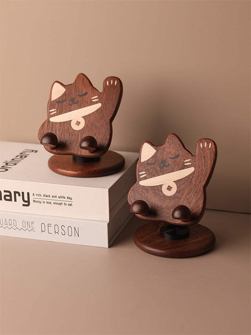 Wooden Cute Cat Phone Stand - Foldable And Rotatable iPhone Holder