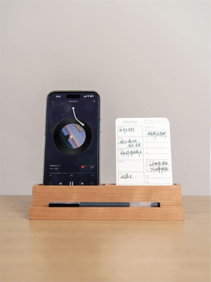 Wooden Desk Organizer with Phone Stand – Office Supply Holder for Pens, Business Cards