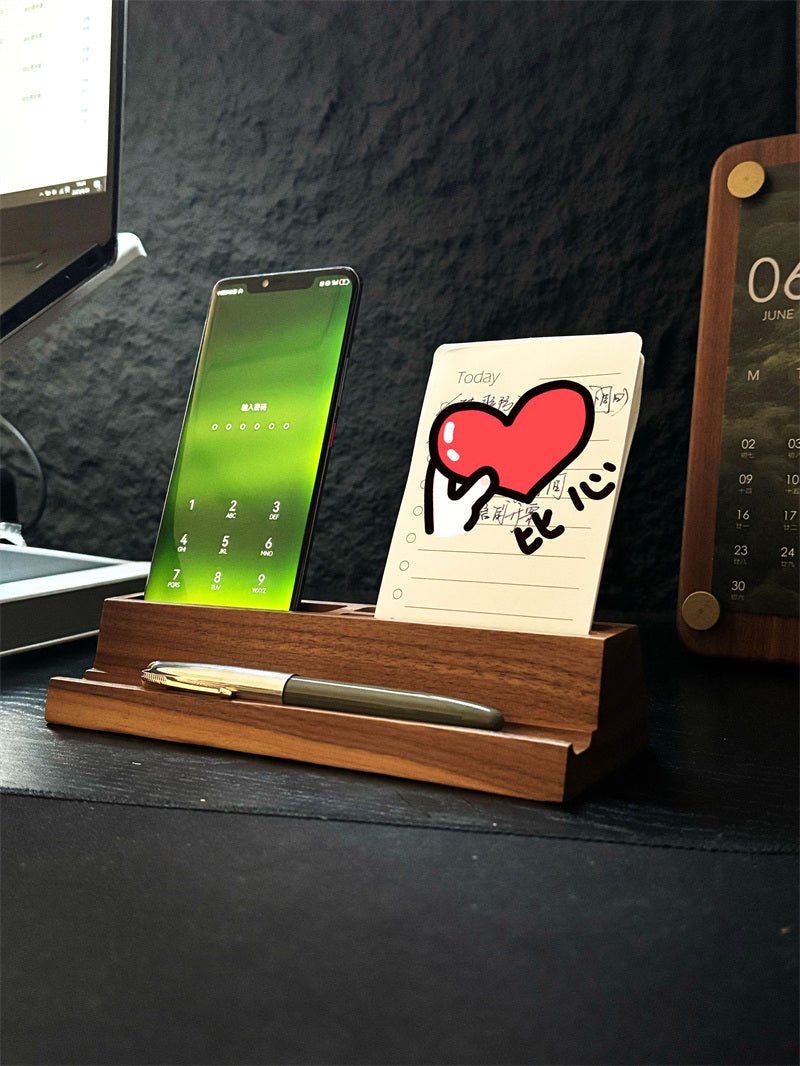 Wooden Desk Organizer with Phone Stand – Office Supply Holder for Pens, Business Cards