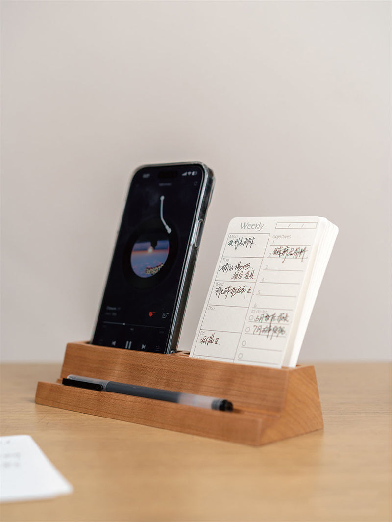 Wooden Desk Organizer with Phone Stand – Office Supply Holder for Pens, Business Cards
