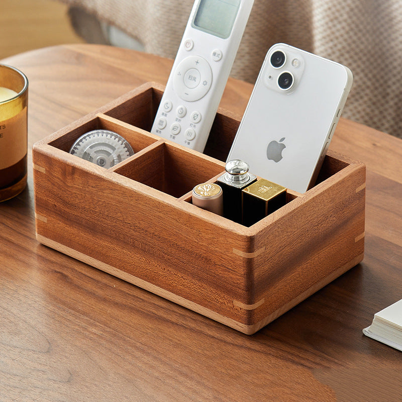 Wooden Desktop Organizer Box - Remote Control & Glasses Holder, Office & Home Storage Solution