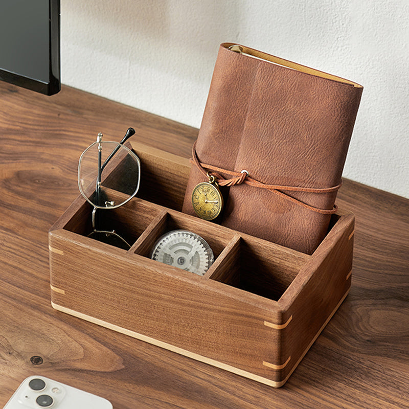 Wooden Desktop Organizer Box - Remote Control & Glasses Holder, Office & Home Storage Solution