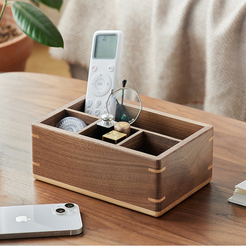 Wooden Desktop Organizer Box - Remote Control & Glasses Holder, Office & Home Storage Solution