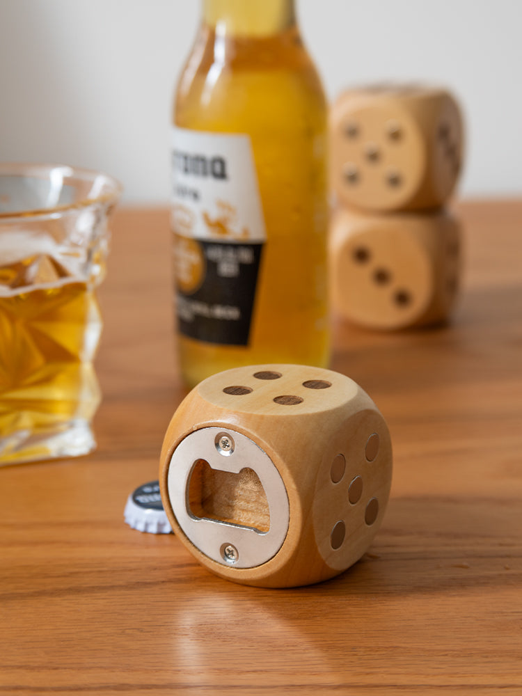 Wooden Dice Bottle Opener & Fridge Magnet - Novelty kitchen Bar Accessory