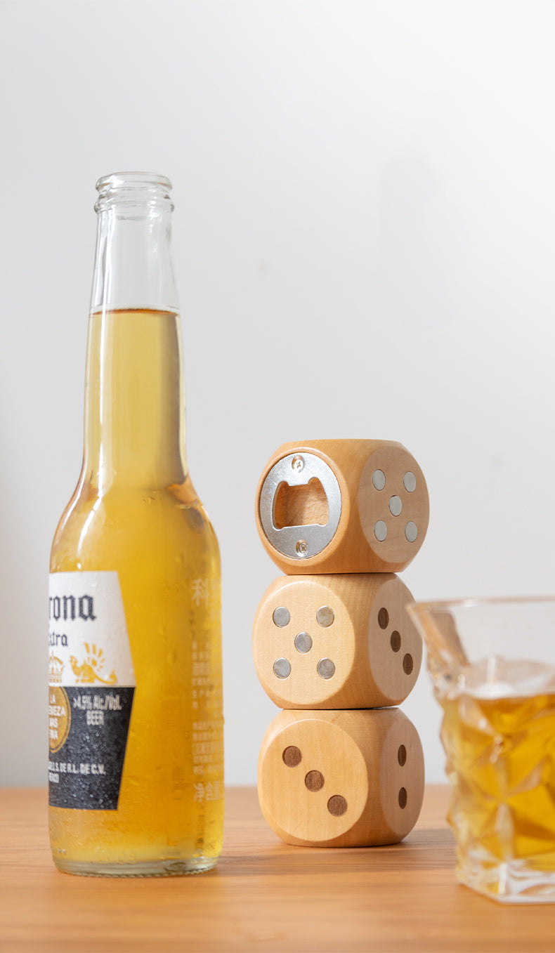 Wooden Dice Bottle Opener & Fridge Magnet - Novelty kitchen Bar Accessory
