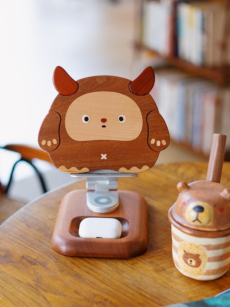 Wooden Double-Horned Monster Folding Phone Stand