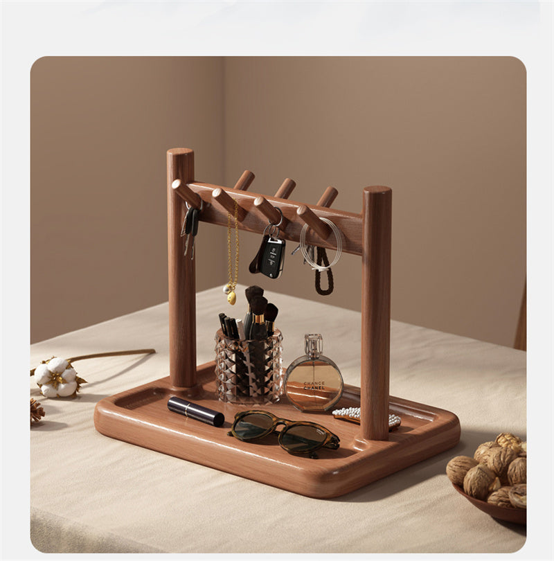 Wooden Entryway Organizer with Tray and Hooks, Key Holder for Entry Table