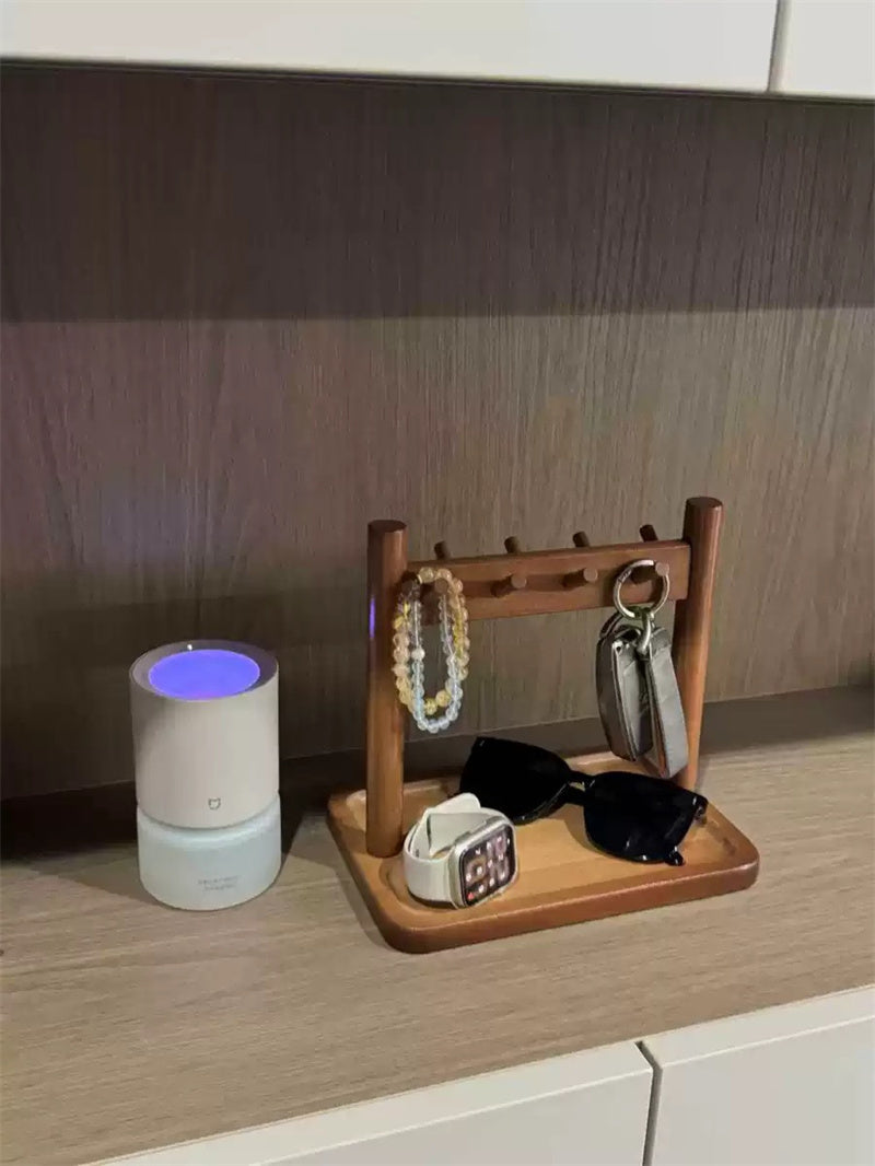 Wooden Entryway Organizer with Tray and Hooks, Key Holder for Entry Table