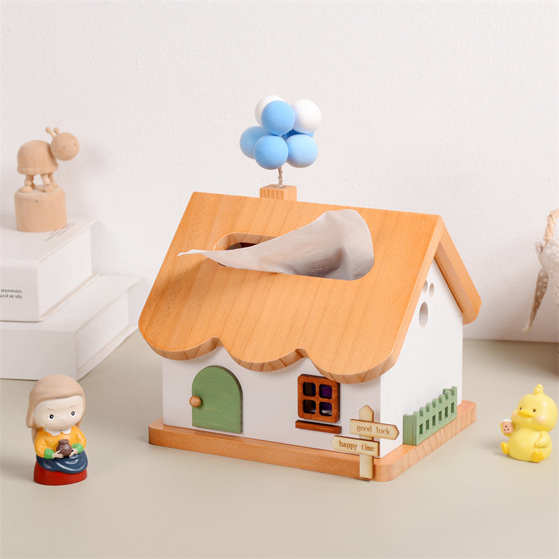Wooden Fairy House Tissue Box - Rustic Fairy Tale Decorative Tissue Holder for Living Room & Kids Room