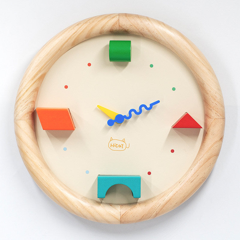 Wooden Kids Wall Clock, 3D Geometric Building Block Decor Clock, Silent Non‑Ticking Wall Watch