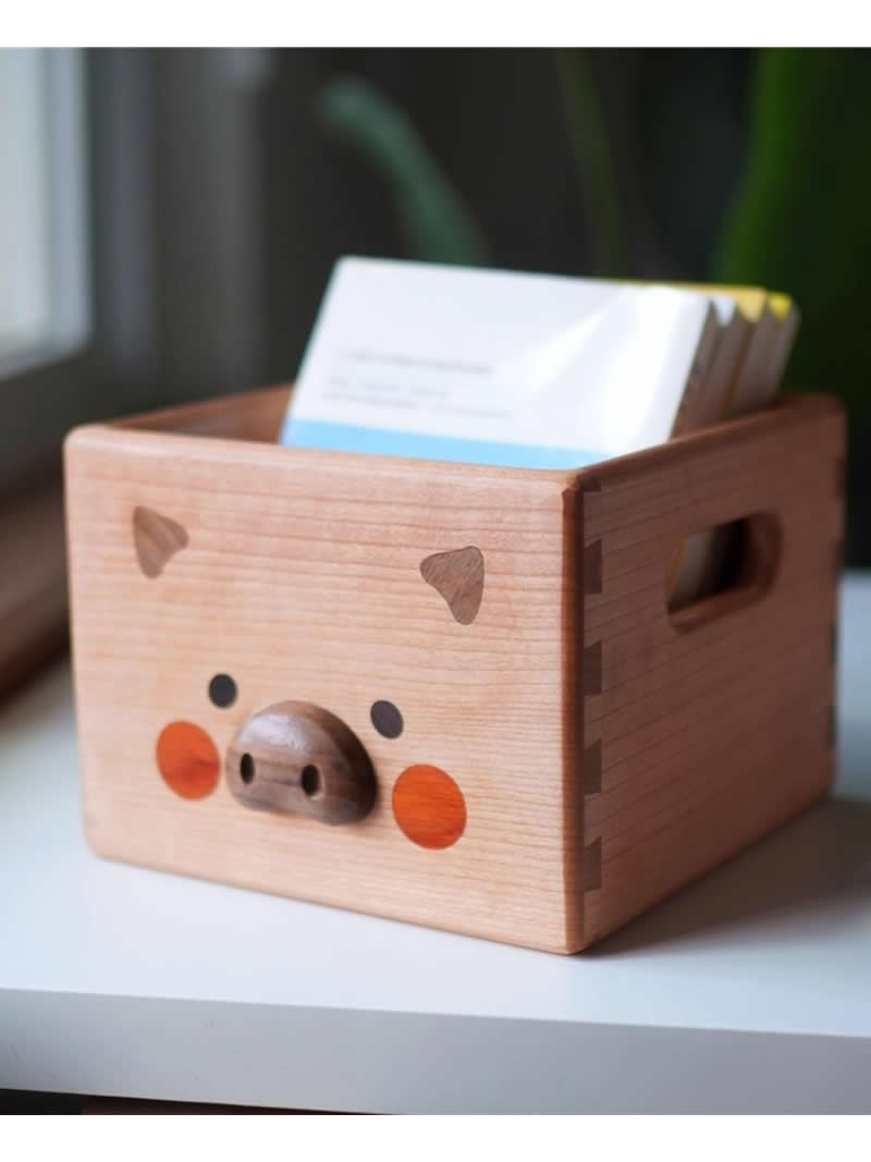Wooden Pig Face Storage Box - Organizer for Office Desk, Makeup, Jewelry