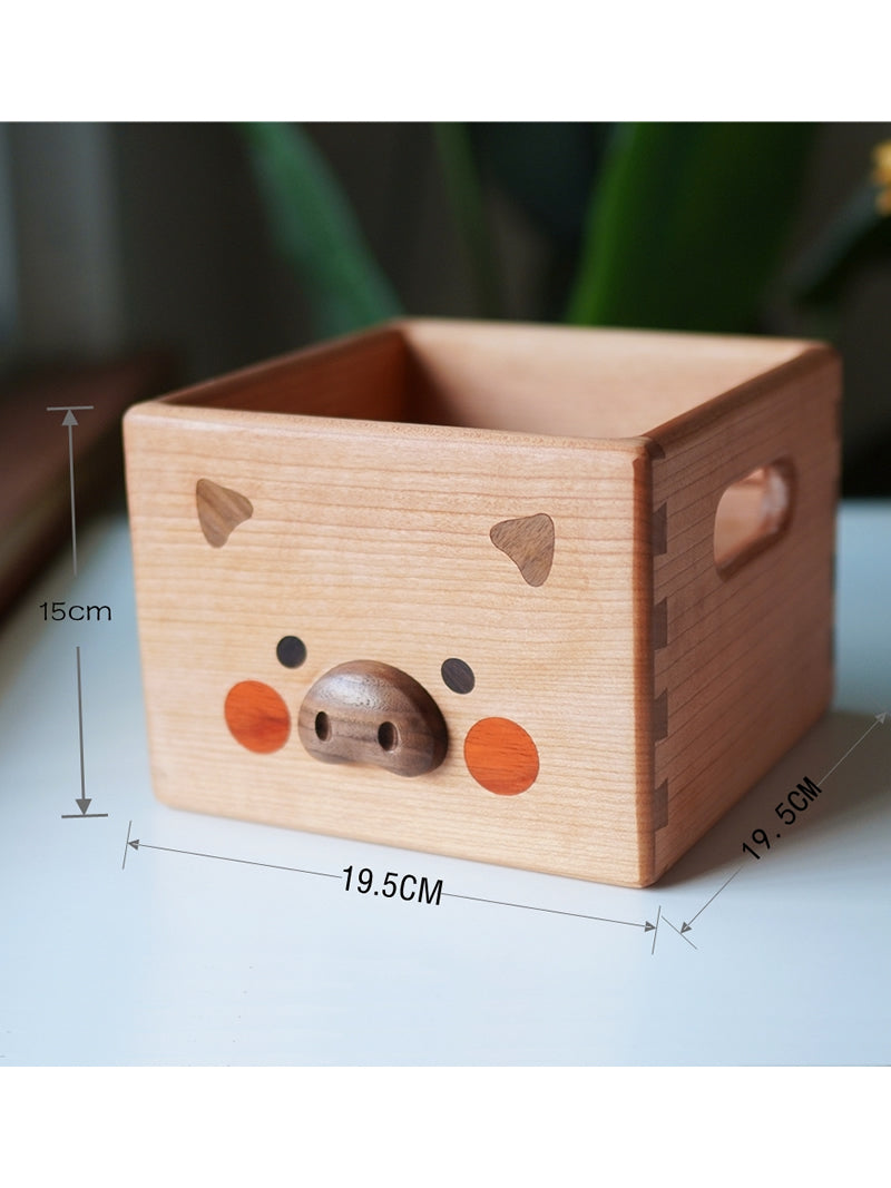 Wooden Pig Face Storage Box - Organizer for Office Desk, Makeup, Jewelry