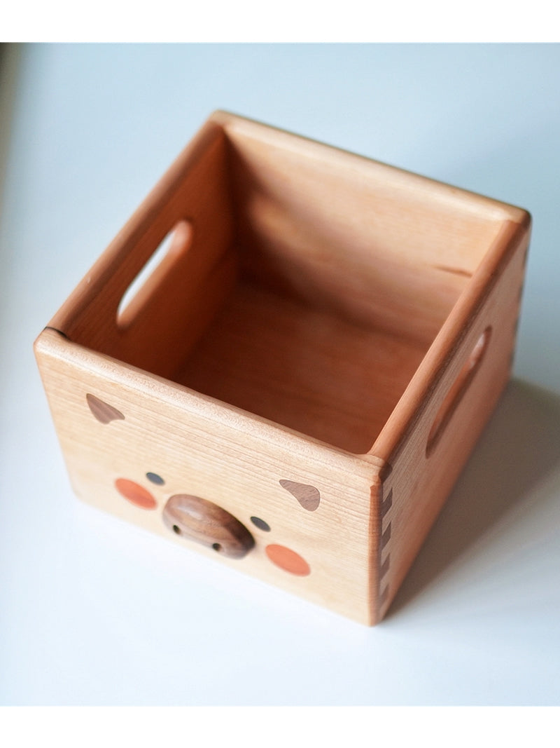 Wooden Pig Face Storage Box - Organizer for Office Desk, Makeup, Jewelry