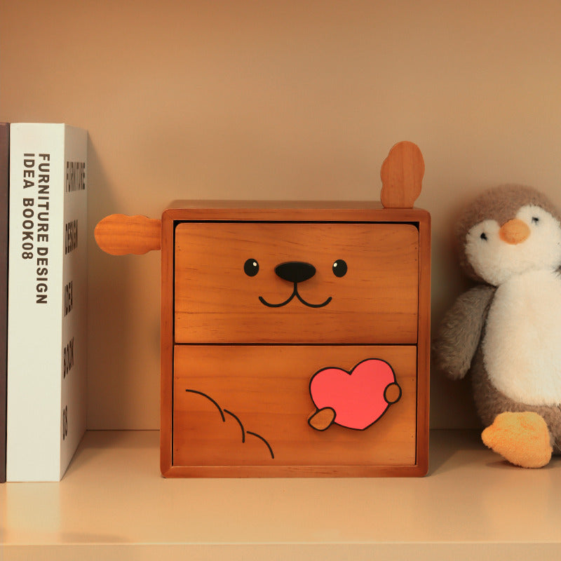 Wooden Puppy Storage Box – 2-Drawer Organizer for Jewelry, Stationery & Trinkets