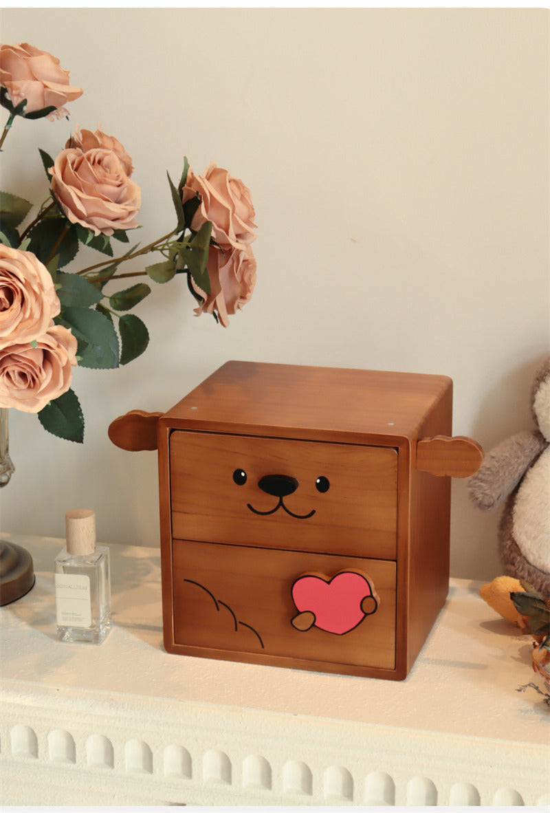 Wooden Puppy Storage Box – 2-Drawer Organizer for Jewelry, Stationery & Trinkets