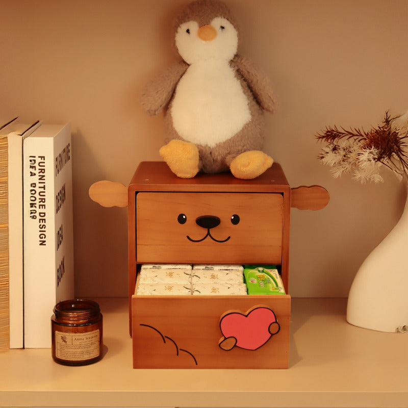 Wooden Puppy Storage Box – 2-Drawer Organizer for Jewelry, Stationery & Trinkets