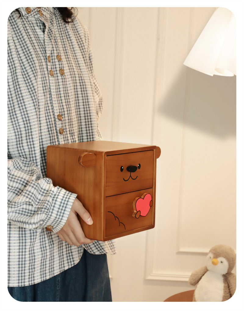 Wooden Puppy Storage Box – 2-Drawer Organizer for Jewelry, Stationery & Trinkets